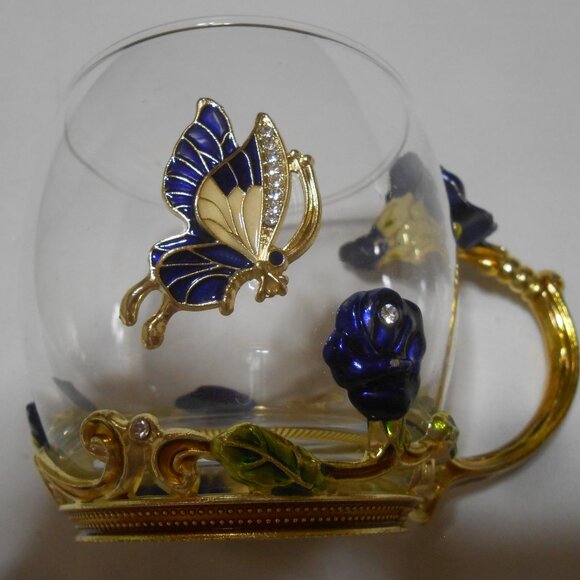 BEAUTIFUL GLASS ARC OF FRANCE DECORATIVE BUTTERFLY CUP MUG BLUE ROSE CLEAR STONE - Picture 8 of 9